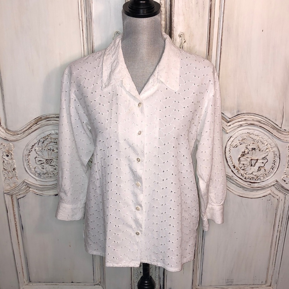Se Fabrique Au Jason White Eyelet Long Sleeve Button Down Size Medium